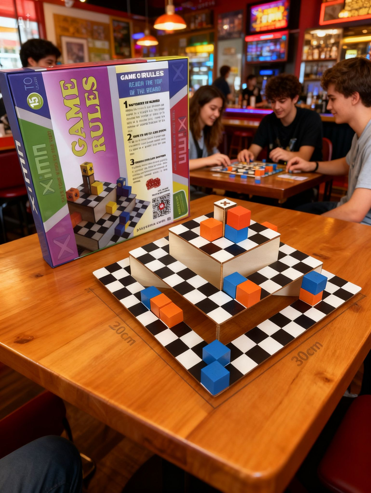Tablero piramidal Xima con cubos de colores y caja del juego