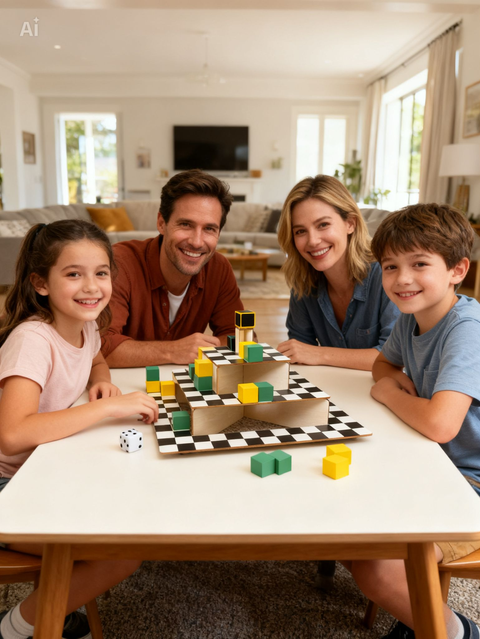 Familia sonriendo alrededor de una partida de Xima