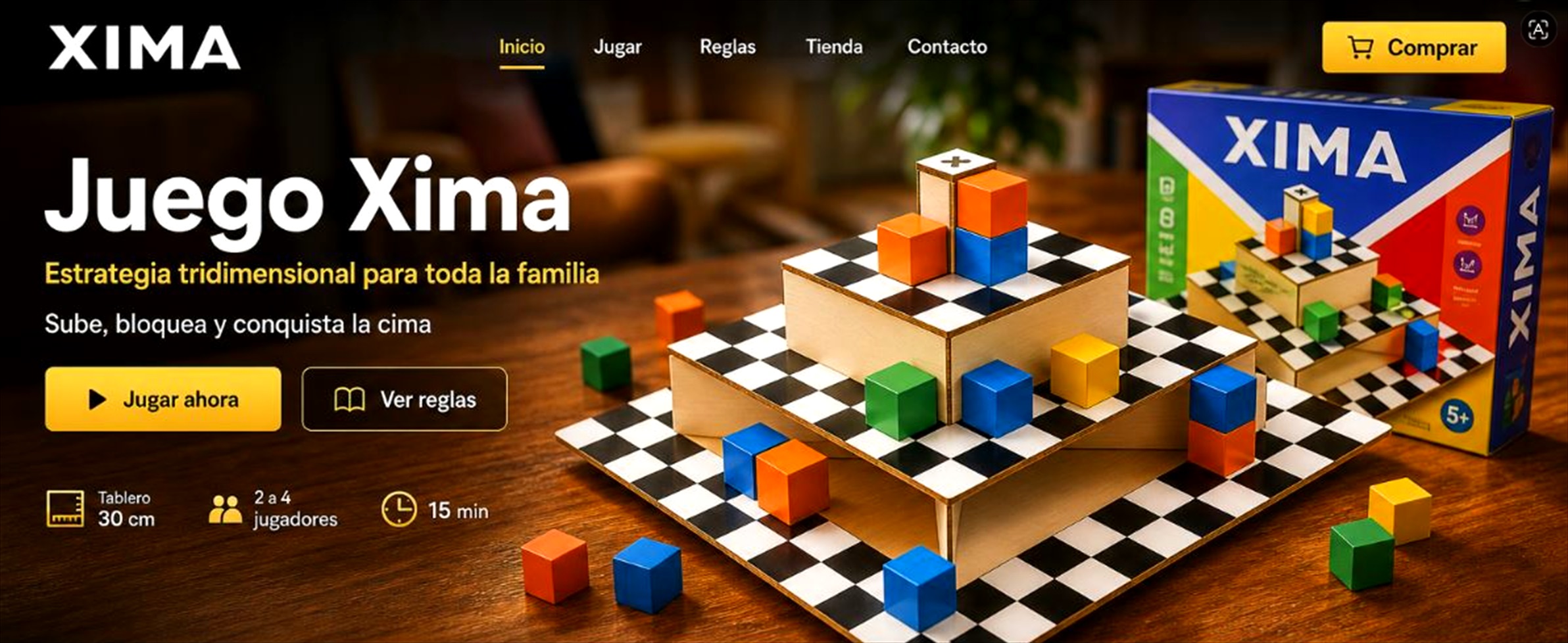 Imagen principal del juego Xima con tablero piramidal y piezas de colores