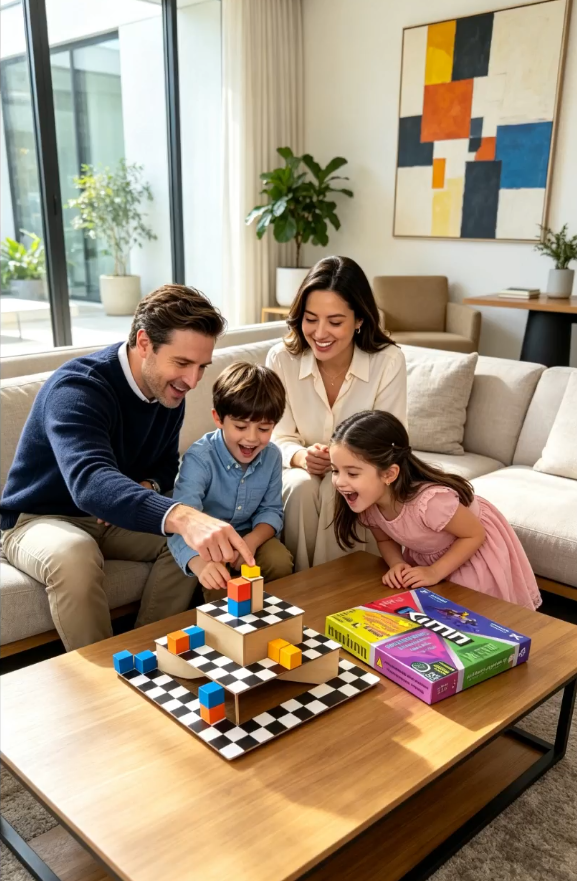 Familia jugando Xima con el tablero piramidal y la caja del juego